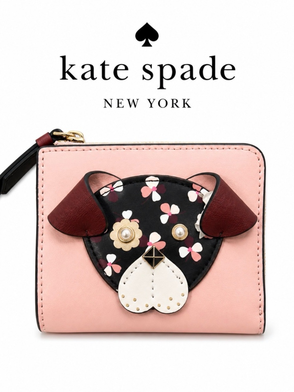 kate spade pink floral puppy zip-around wallet